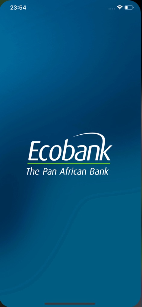 Ecobank Mobile App - 이 앱의 시작 화면은 'Ecobank 로고'와 'The Pan African Bank' 슬로건을 통해 브랜드의 정체성을 명확하게 보여줍니다.