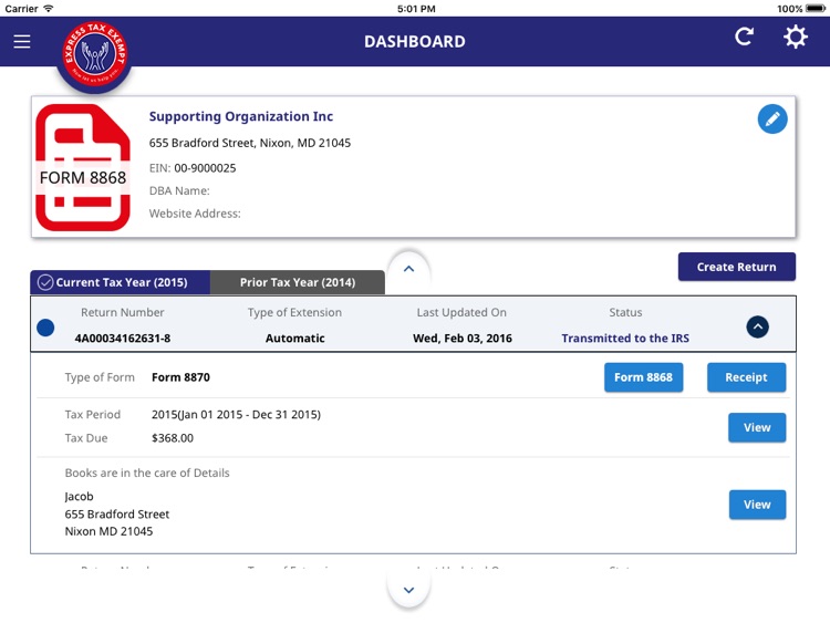 E file tax extension form 8868 by span enterprises llc