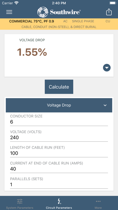 Southwire® Voltage Drop Calc Screenshot