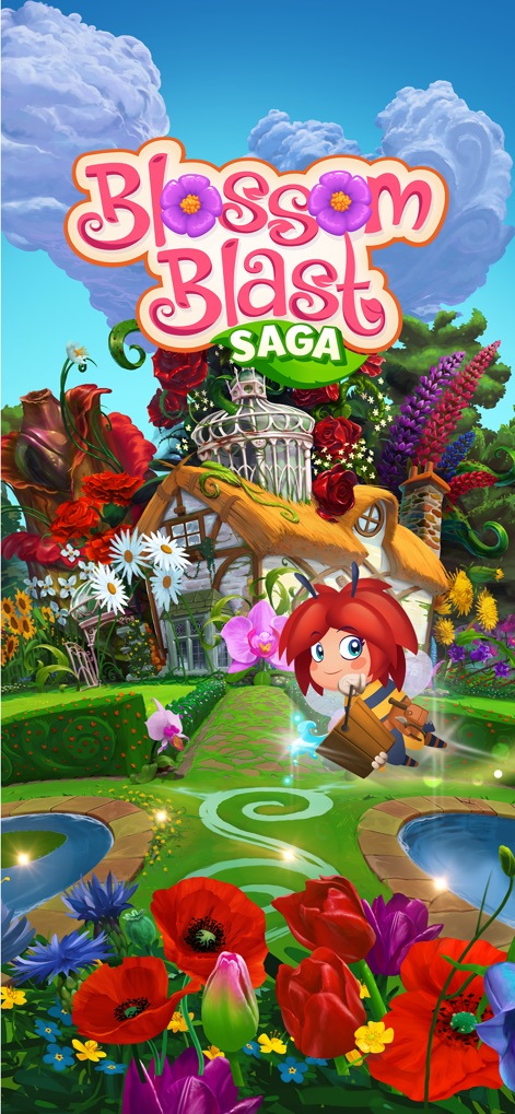 Blossom Blast Saga - This vibrant title screen introduces the game's distinctive logo and the friendly character, Blossom, welcoming players to the colorful garden world.