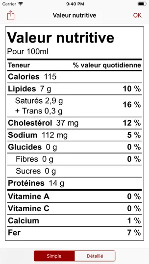 Capture d'écran de Nutriments Canada sur iPhone 1