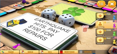 Rento - Online Dice Board Game - Observe how Rento introduces elements of surprise with event cards like 'Earthquake Hits', alongside player statistics displaying individual wealth and national flags.