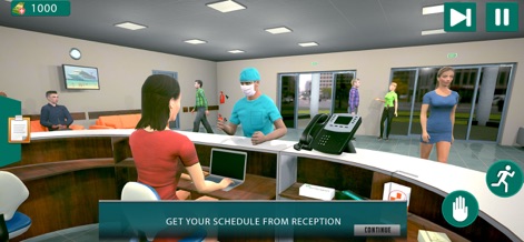 Dream Hospital Real Doctor Sim - The app immerses players in the hospital's reception hub, showcasing the busy front desk and the diverse group of patients waiting in the lounge area.