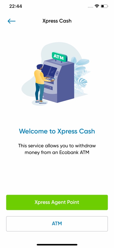 Ecobank Mobile App - 사용자는 'Xpress Cash' 서비스를 통해 ATM 일러스트레이션으로 시각화된 현금 인출 과정을 이해하고, 'Xpress Agent Point' 버튼을 통해 대리점을 이용할 수 있습니다.