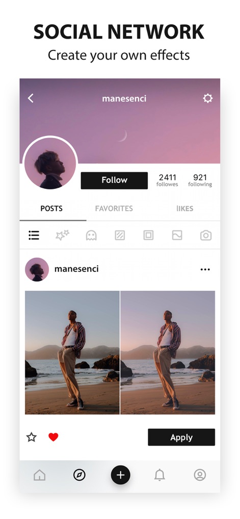 Avatan – Photo Editor - La aplicación integra una red social donde los usuarios comparten sus creaciones, con perfiles individuales que muestran las publicaciones y la opción de aplicar efectos personalizados con una vista de antes y después.