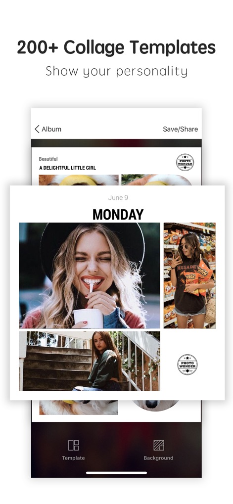 Photo Wonder - See the versatility of Photo Wonder's collage features, presenting numerous 'Template' options and the ability to arrange multiple images into a personalized story.