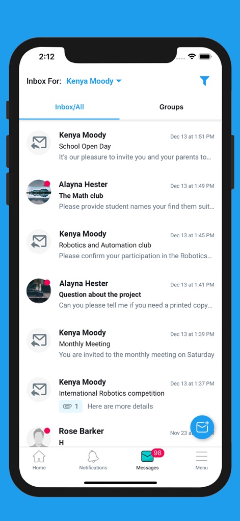 eSchool Connect - Users can efficiently manage their communications within the app's organized message inbox, utilizing clear tabs for 'Inbox/All' and 'Groups' to sort conversations.