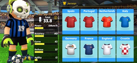 Perfect Kick 2 - Tailor the player character's appearance and enhance performance by selecting from multiple jersey choices, displayed alongside comprehensive player stats.