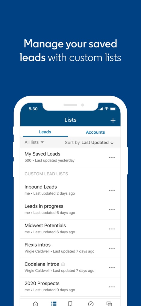 LinkedIn Sales Navigator - Los usuarios pueden gestionar eficientemente sus prospectos a través de "Custom Lead Lists" personalizadas y utilizar la opción "Sort by Last Updated" para mantener el control sobre la actividad de sus listas.