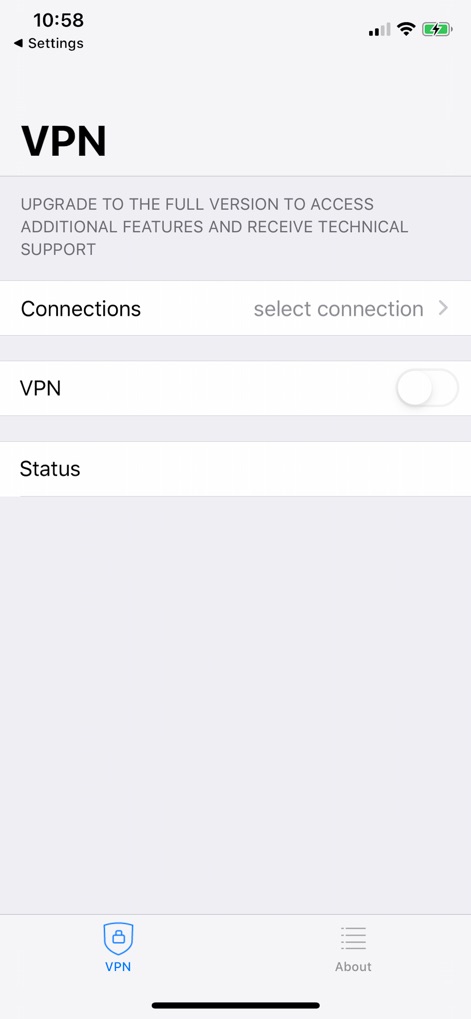 FortiClient VPN - この画面では、フルバージョンへのアップグレードと技術サポートに関する案内が表示され、VPN接続を迅速にオンオフするためのトグルスイッチが提供されています。