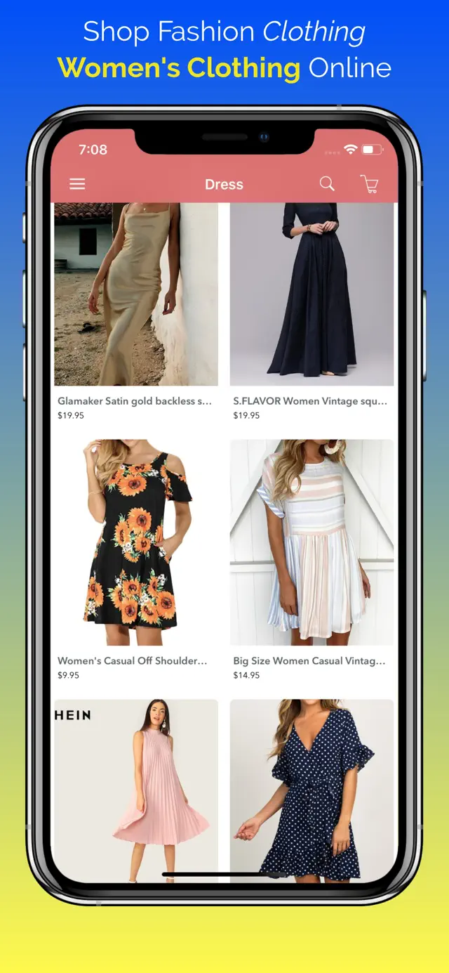 App screenshot showing dresses