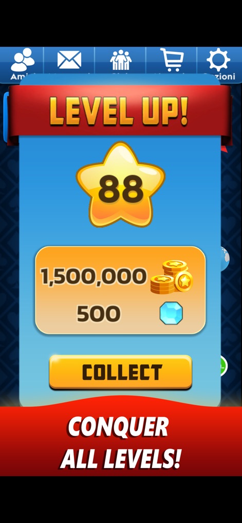 Scopa Online - Gioco di carte - Il sistema di progressione celebra gli obiettivi raggiunti con un "LEVEL UP!" al livello "88" e ricompensa gli utenti con generosi premi visibili, come "1,500,000" monete e "500" gemme.