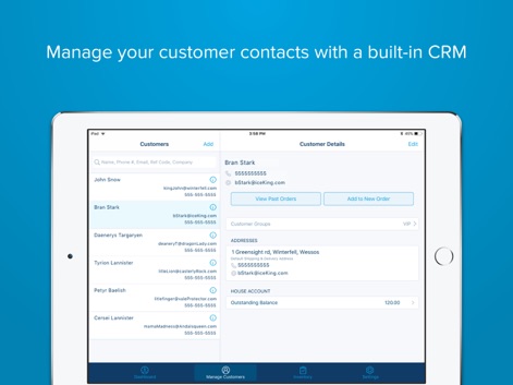 Revel POS - El CRM integrado ofrece una gestión robusta de contactos, exhibiendo una lista organizada de clientes y sus detalles específicos.