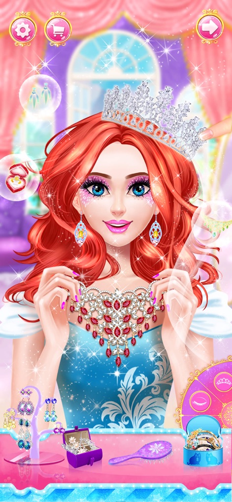 Princess dress up fashion game - プリンセスは、煌びやかなルビーのネックレスを身につけ、さらに多様なデザインのイヤリングの中からお気に入りのアイテムを選び出すことができます。