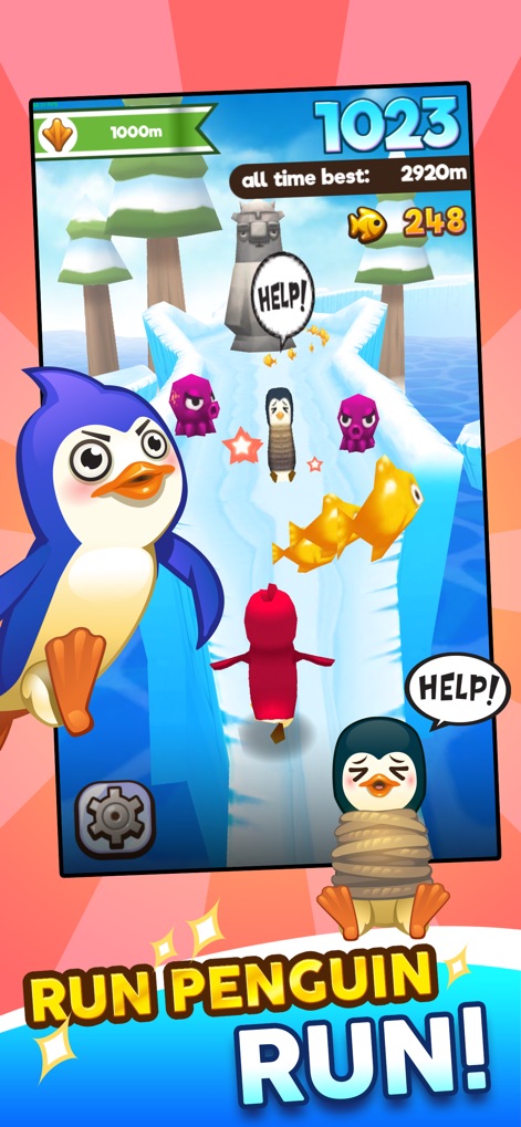 Super Penguins - Observe the engaging "dynamic gameplay" as a penguin navigates an icy track, showcasing the objective of collecting delicious fish and avoiding obstacles.