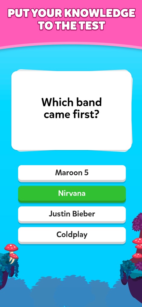 Adventure Trivia Crack - O aplicativo desafia os usuários com perguntas de múltipla escolha, como "Which band came first?", apresentando uma resposta correta destacada em verde e opções claras para a interação do jogador.