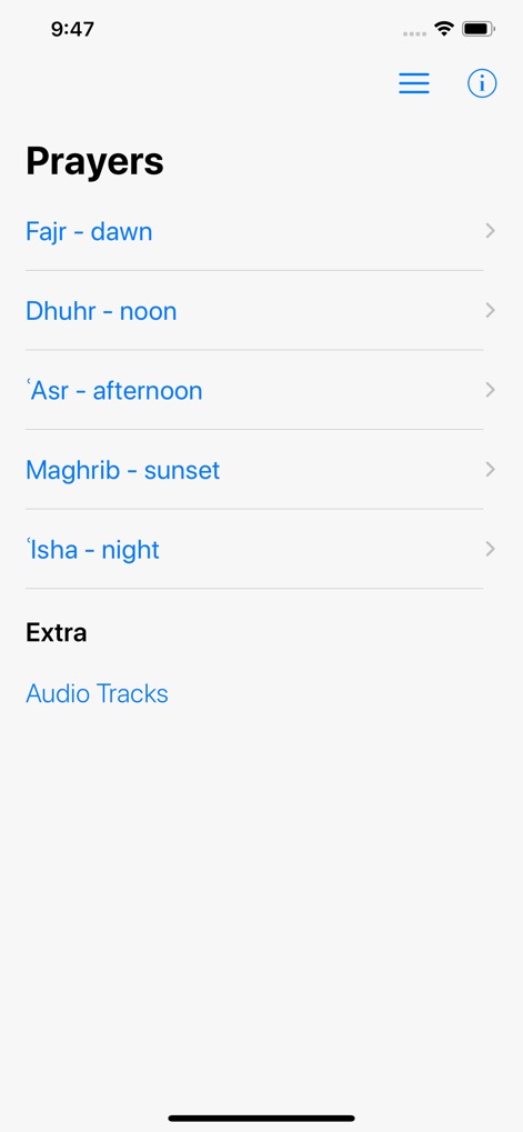 Namaz App: Learn Salah Prayer - Users can effortlessly navigate through a comprehensive list of daily prayers, clearly categorized by their respective times from Fajr to Isha.