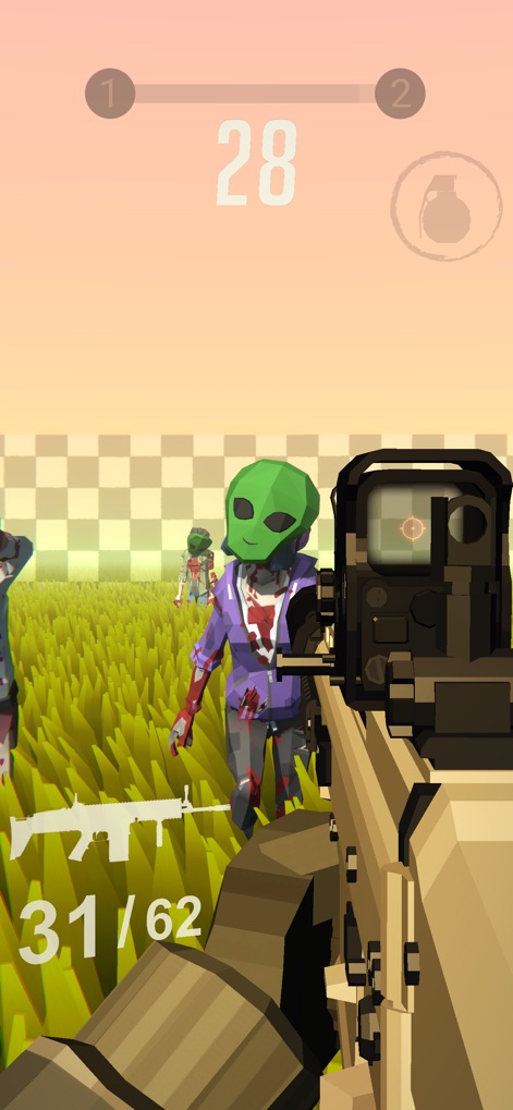 Zombie Royale - Explore the precision targeting available through the weapon scope and the creative, unique zombie designs, like the alien-masked foe.