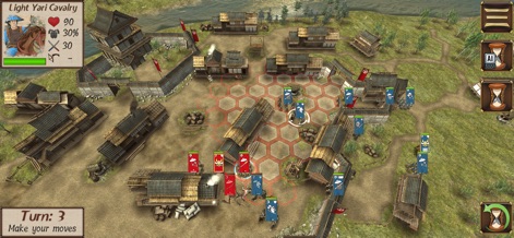 Shogun's Empire: Hex Commander - Die App zeigt ein laufendes Gefecht auf einem Hexfeld-Raster, ergänzt durch nützliche UI-Elemente wie den Zugzähler und Einheitendetails am Rand.