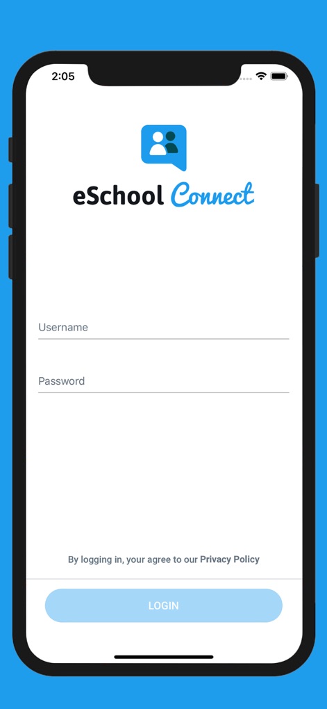eSchool Connect - The app ensures secure entry with a clean interface, featuring dedicated fields for 'Username' and 'Password' to manage secure access.