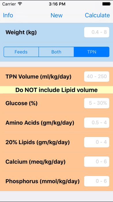 NICU Nutrition Calculator Screenshot