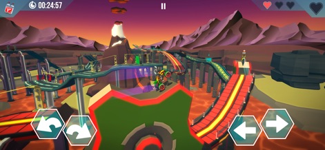 Gravity Rider Zero - Experience extreme environment racing on a vibrant volcanic track, with the rider expertly maneuvering an ATV-like vehicle over challenging jumps.