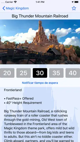 Captura de pantalla de Tiempos: Disney World en iPhone 2