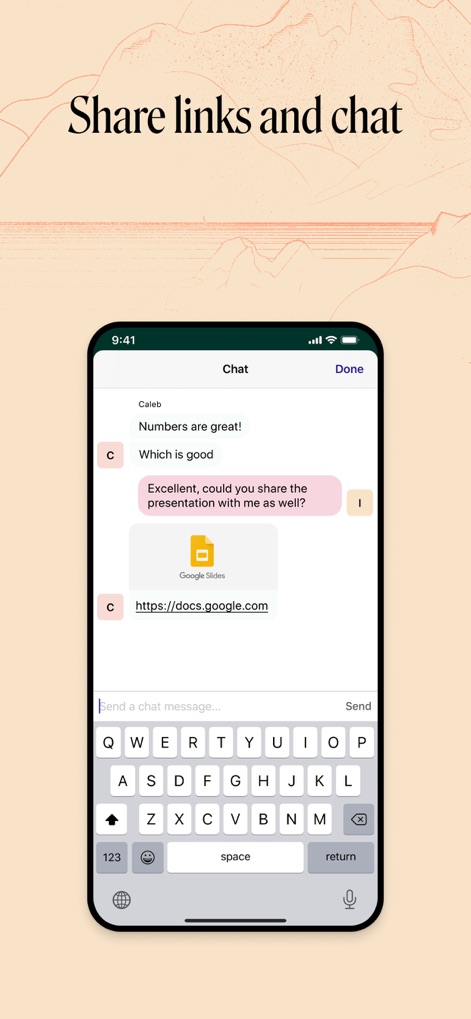 Whereby - Video Meetings - Dieses Bild illustriert die integrierte Chat-Funktion der App, die den schnellen Austausch von Textnachrichten ermöglicht und das Teilen von Links zu externen Ressourcen wie Google Slides unterstützt.