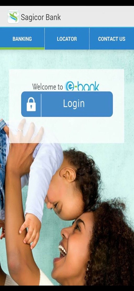 Sagicor Jamaica eBank - Nutzer gelangen über den klar gestalteten Login-Button mit Schlosssymbol in die App und werden mit dem einladenden 'Welcome to e-bank'-Schriftzug begrüßt.