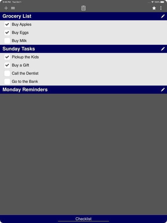 Checklist iPad screenshot