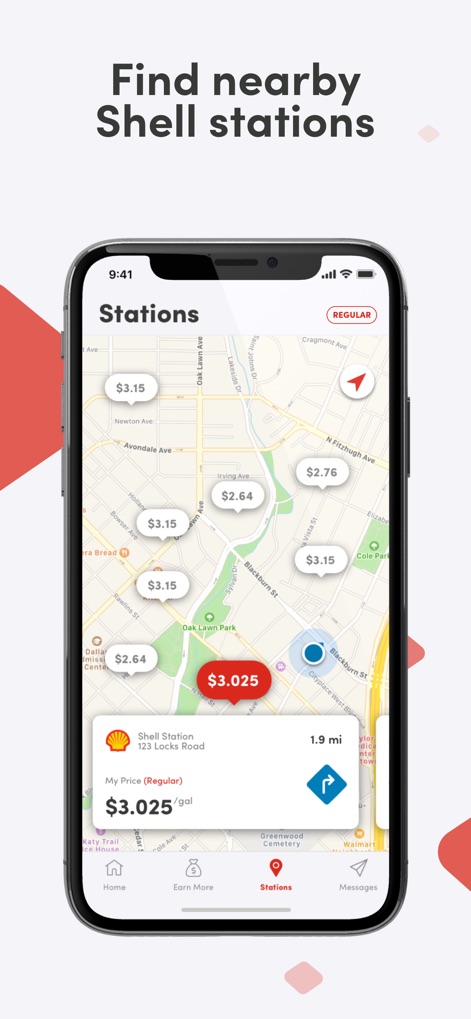 Fuel Rewards® program - The app provides a convenient map view to 'Locate nearby Shell stations', displaying current fuel 'prices' and distances for informed decisions.