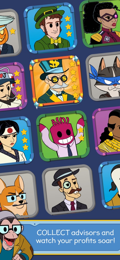 Taps to Riches - Get a glimpse of the app's diverse 'Advisors' collection and the star rating system that signifies their valuable business bonuses.