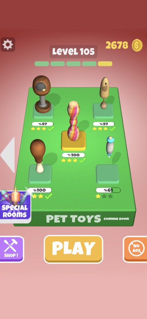 Wood Shop - Discover diverse thematic collections, such as the upcoming 'Pet Toys' room, where each item displays its individual percentage completion.