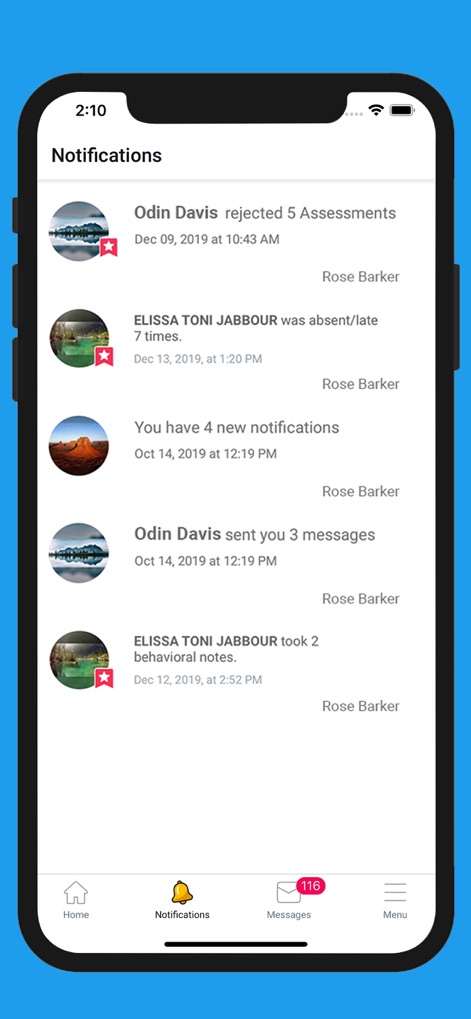 eSchool Connect - The platform keeps users informed with real-time notifications, clearly displaying alerts for 'rejected assessments' and 'absence/late' statuses for prompt action.