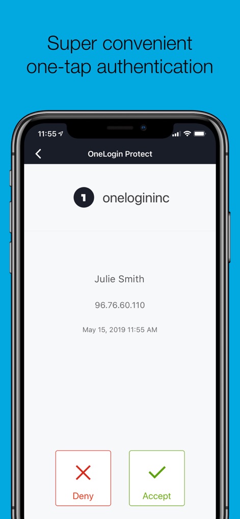 OneLogin Protect - L'application présente les détails de la demande d'authentification de manière claire, y compris l'utilisateur et l'adresse IP, et permet une réponse immédiate via les boutons "Accepter" ou "Refuser" pour une sécurité renforcée.