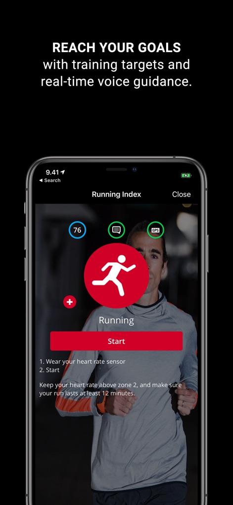 Polar Beat: Running & Fitness - O aplicativo auxilia na definição de metas, fornecendo orientações como a recomendação de usar um sensor de frequência cardíaca e manter a frequência cardíaca acima de uma zona específica.