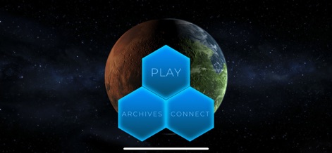 TerraGenesis - Space Settlers - Discover the app's intuitive main menu, presenting hexagonal buttons for 'PLAY' and 'ARCHIVES' against the captivating planetary backdrop.