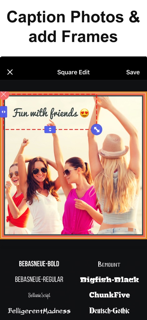 No Crop Photo Video Resize - Cet outil offre la possibilité d'insérer des légendes stylisées avec un large choix de polices et d'encadrer les photos avec des bordures personnalisables.