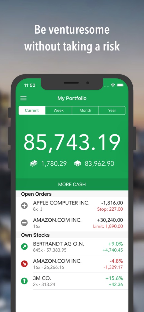 Best Brokers Stock Market Game - Users can track their virtual wealth with a prominent portfolio value display and monitor individual stock performance within their 'Own Stocks' section.