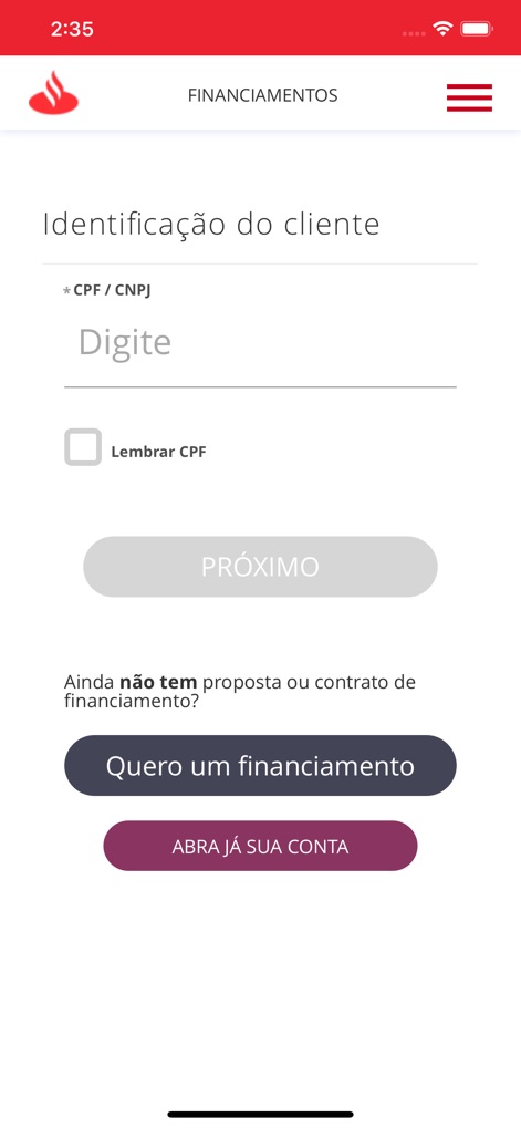 Santander Financiamentos - Users can quickly access their accounts by entering their CPF/CNPJ or initiate a new financing request directly through the prominent 'Quero um financiamento' button.