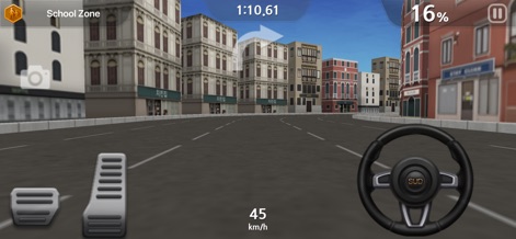 Dr. Driving 2 - The app showcases its dynamic city environments with varied building architecture and clear on-screen navigation, while the integrated time counter and mission progress percentage provide continuous feedback.