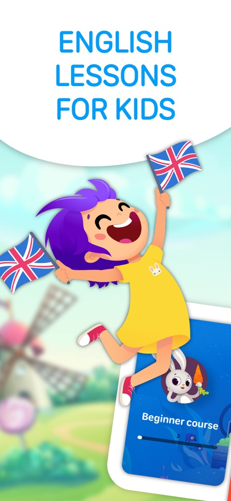 EWA Kids: English for children - Explore how the app introduces interactive "Beginner course" options and a cheerful child character, symbolizing the joy of learning.