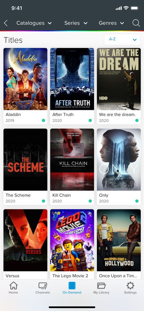 EON TV - Explore a rich content library through its intuitive grid layout and the easily accessible 'On Demand' navigation tab.