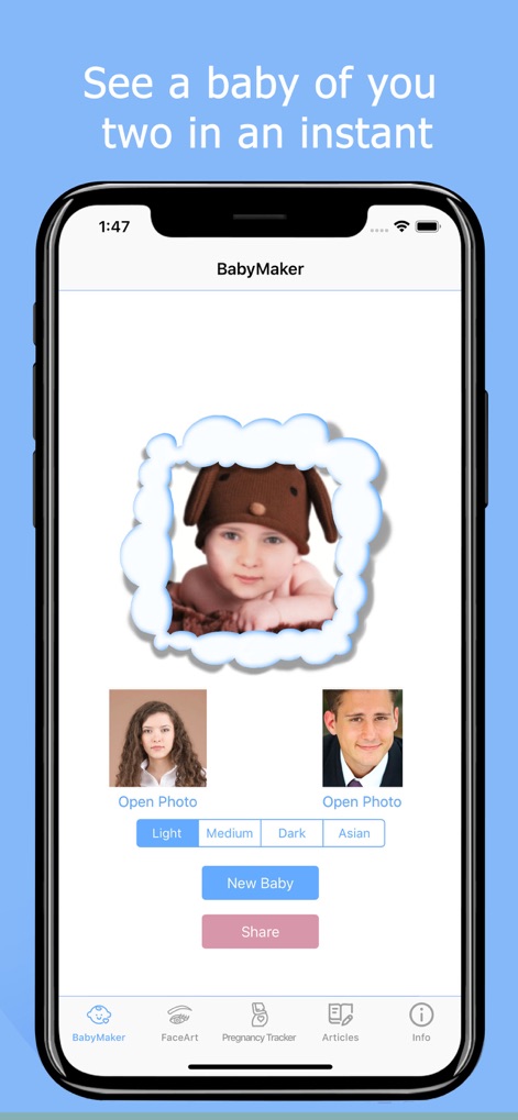 Baby Maker & Face Generator - Esta captura destaca la función central, mostrando cómo la aplicación utiliza dos fotos de padres para generar un posible rostro de bebé y ofrece opciones de tono de piel para una personalización precisa.