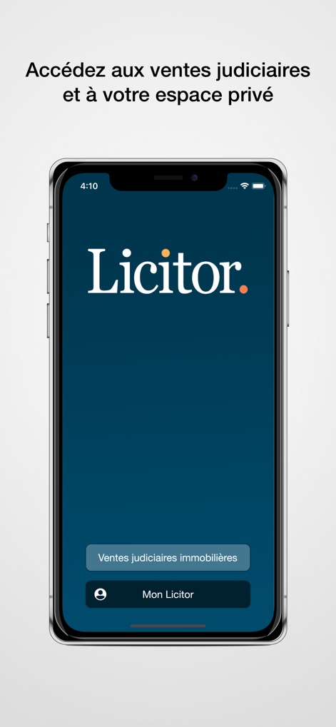 Licitor - Die Startseite der App bietet Nutzern einen direkten Zugriff auf gerichtliche Immobilienverkäufe und den personalisierten Bereich, ersichtlich durch die zwei prominenten Schaltflächen.