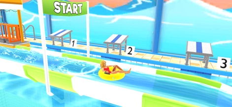 Uphill Rush Water Park Racing - The app showcases the exhilarating start of a race with a character poised at the "START" line on a multi-lane waterslide setup.
