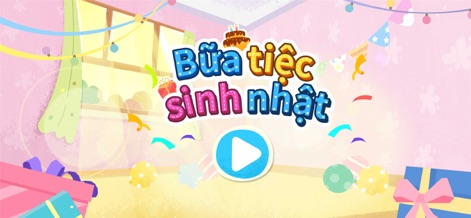 Baby Panda's Birthday Party - This screen sets the stage for the celebration, displaying festive room decorations and an interactive play button to start the fun.