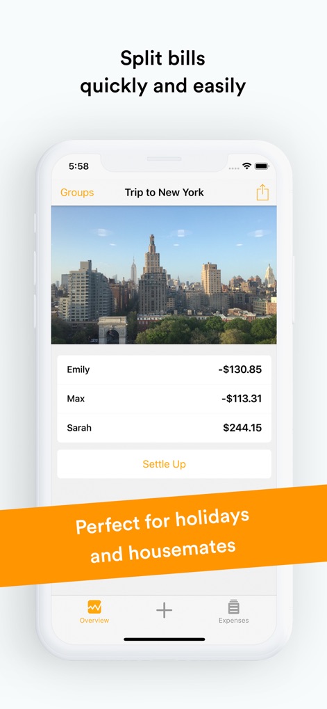 Splid – Split group bills - This screen reveals how users can quickly view individual group balances like Emily's -$130.85 and access the clear "Settle Up" button for efficient debt resolution.