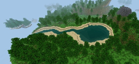 Survivalcraft 2 Day One - The game presents stunning natural beauty, as showcased by this aerial view of a lush green island featuring a serene central lake and dense forestation.