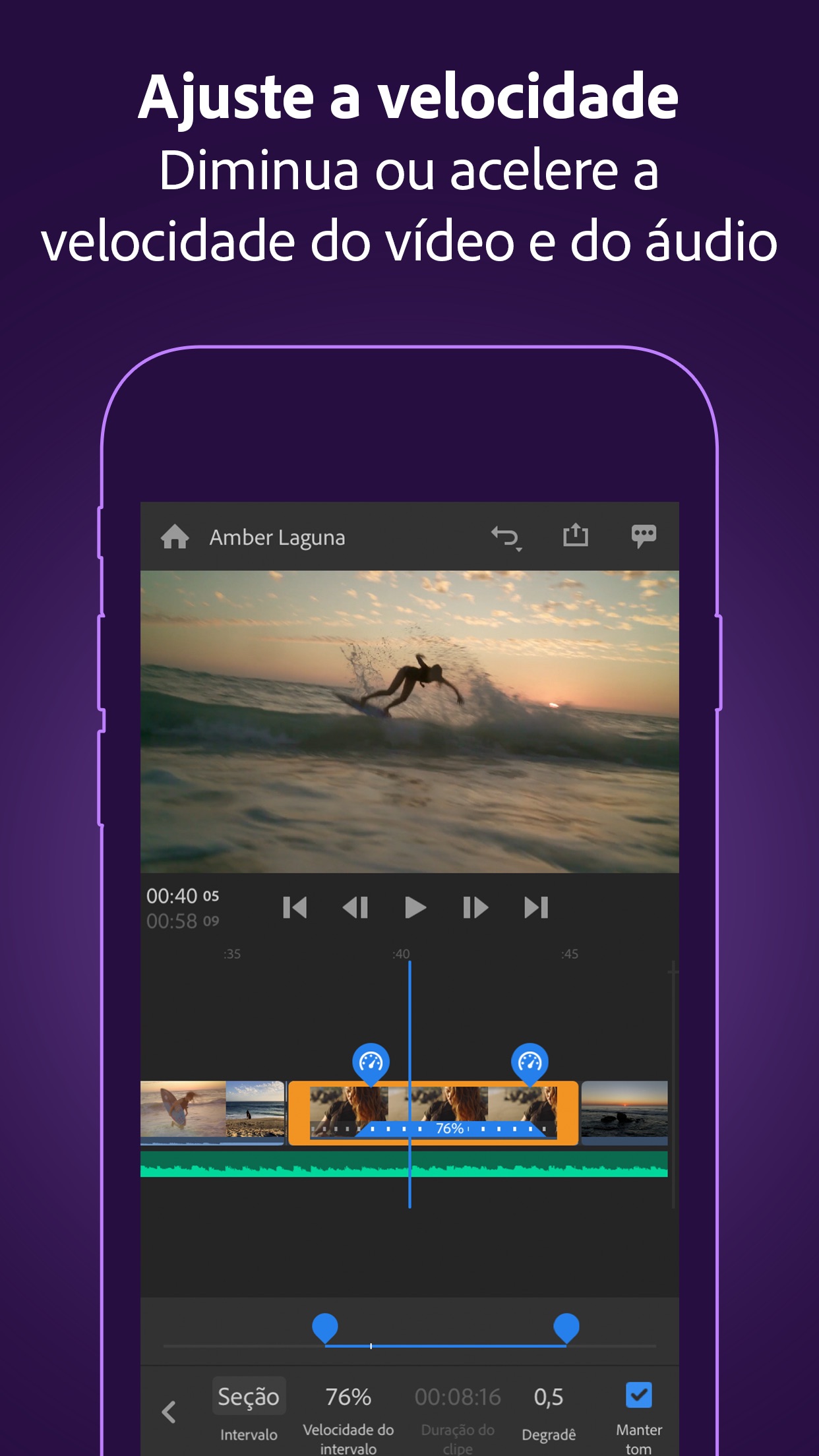 Screenshot do app Adobe Premiere Rush para Vídeo